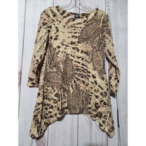 Cal Style Womens Leopard Paisley Lace Tunic Top Sharkbite Hem Rhinestone Small‎